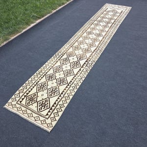 3x14 Neutral Vintage Oushak Runner, Turkish Runner, Kitchen Runner, Beige Brown Rug, 2.7x14.1 Ft Runner Rug, Hand Woven Soft Wool Rug