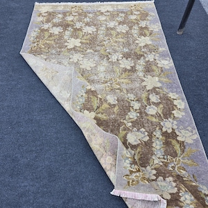 Tappeto vintage turco patchwork 4x7, tappeto floreale marrone naturale, tappeto Oushak, tappeto 4x7, tappeto per ingresso, tappeto per camera da letto, tappeto tessuto a mano