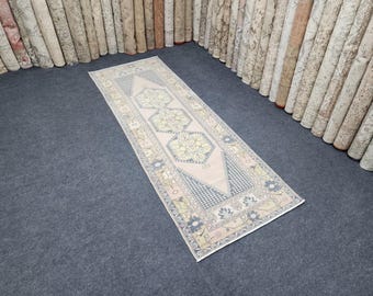 Alfombra de pasillo Oushak de 3x9 pulgadas, alfombra turca, alfombra vintage, alfombra gris rosa pálido, alfombra hecha a mano, alfombra de pasillo de 3x9 pulgadas, alfombra oriental, alfombra de pasillo de cocina