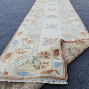3x10 Faded Beige Red Anatolian Oushak Runner Rug, Vintage Turkish Rug, Hand Knotted Wool Rug, Hallway Runner, Kitchen Runner 2.7 x 10.1 Ft