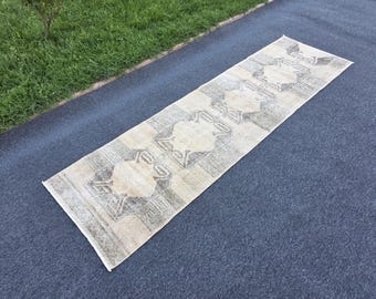 Handmade Wool Oushak Runner Rug: 3x10 Vintage Turkish Kitchen Rug