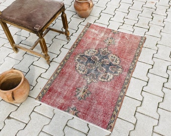 2x3 Rug, Vintage Turkish Rug, Small Oushak Rug, Red Rug, Bedroom Rug, 2x3 Area Rug, Door Mat Rug, Bath Mat Rug, Hand Woven Rug, Small Rug