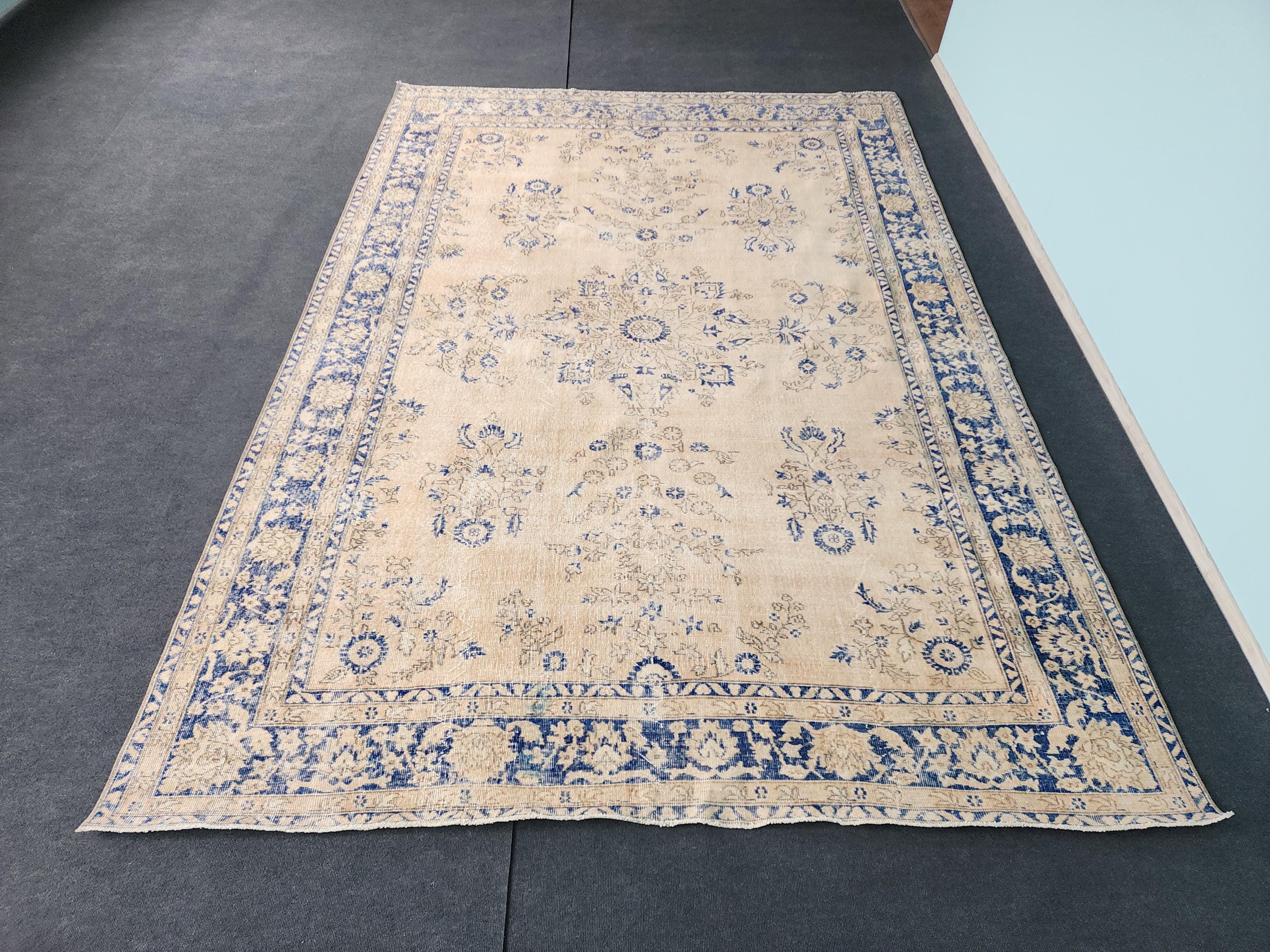 8x12 Large Vintage Turkish Rug, Large Oushak Rug, Pale Beige Navy