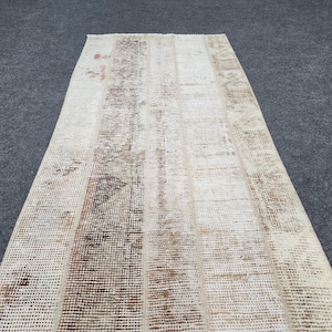 2x4 Beige Brown Small Patchwork Door Mat, Neutral Oushak Rug, Vintage Turkish Door Mat, Hand Knotted Rug, Bathroom Rug, 2x4 Wool Rug