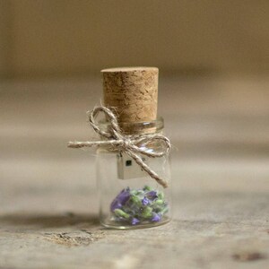 Peut inclure: Une petite bouteille en verre avec un bouchon en li&egrave;ge et un n&oelig;ud en ficelle brune. &Agrave; l'int&eacute;rieur de la bouteille se trouvent des fleurs violettes et une petite cl&eacute; USB argent&eacute;e.