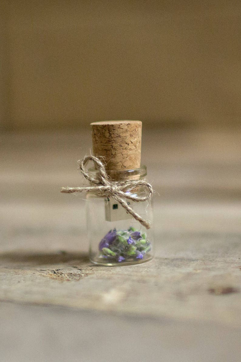 Peut inclure: Une petite bouteille en verre avec un bouchon en li&egrave;ge et un n&oelig;ud en ficelle brune. &Agrave; l'int&eacute;rieur de la bouteille se trouvent des fleurs violettes et une petite cl&eacute; USB argent&eacute;e.