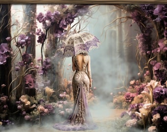 Enchanted, Her Secret Garden, Purple Florals, Parasol and Elegant Woman Large Portrait Wall Art, Furniture Decoupage or DIY Fabric Print