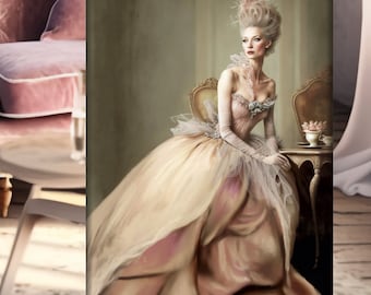 May include: A woman in a large, flowing, pink and white gown sits in a chair with a white and gold trim. She has a large, elaborate hairstyle with a white feather. The background is a soft, muted green.