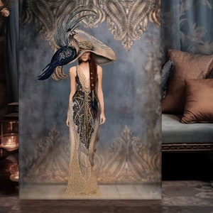 Bohemian Glam, Lady standing & a Peacock Pheasant, Large Printable Mixed Media Digital Embellished Portrait Wall Art or Furniture Decoupage