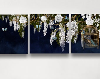 Printable Triptych, Bird & Botanical, Mixed Media Fine Art Composite, Wisteria, Peony, Bird Cage, Navy Blue and White, DIY Decoupage, Prints