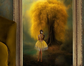 Invoking Yellow, Ethereal Tree, Misty Lake & Portrait of a beautiful Ballerina, Printable Large Mixed media wall Art or furniture decoupage