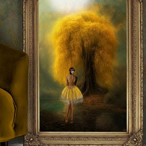 Invoking Yellow, Ethereal Tree, Misty Lake & Portrait of a beautiful Ballerina, Printable Large Mixed media wall Art or furniture decoupage