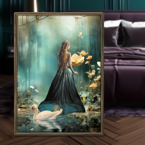 Smaragd Grün Wald See Nebliger Garten Portrait Kunst, Elegante Dame, Schwan & Blumen Landschaft, Wand Kunst, Möbel Decoupage oder Stoff DIY Druck