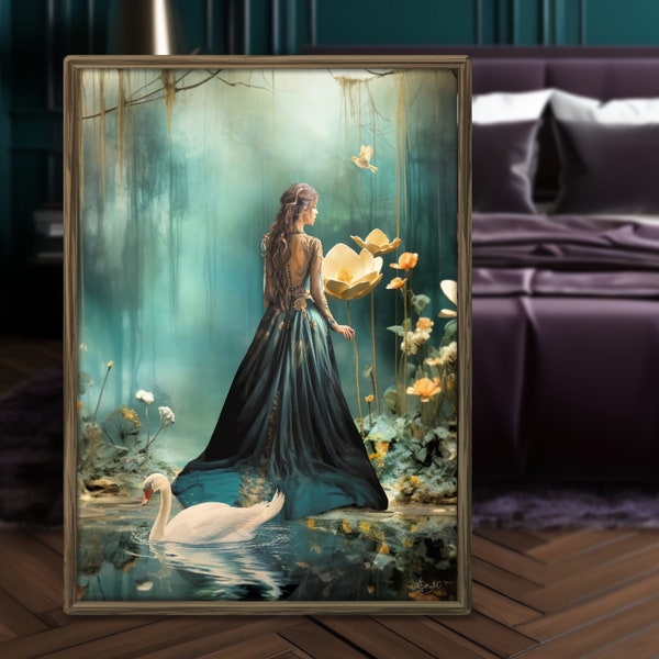 Emerald Green Forest Lake Misty Garden Portrait Art, Elegant Lady, Swan & Floral landscape Wall Art, Furniture Decoupage or Fabric DIY Print