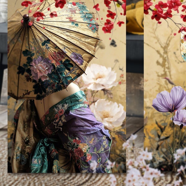 Chinoiserie, Golden, Floral Garden, Kimono, Parasol, Butterfly & Lanterns, Set of 2, Large Oriental Portrait Art, or DIY Furniture Decoupage