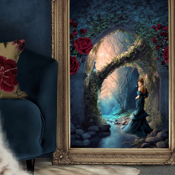 Printable Beautiful Encounters, Magical Fantasy landscape, peacock & elegant lady portrait, Floral Archway Wall Art, Indigo Large Decoupage