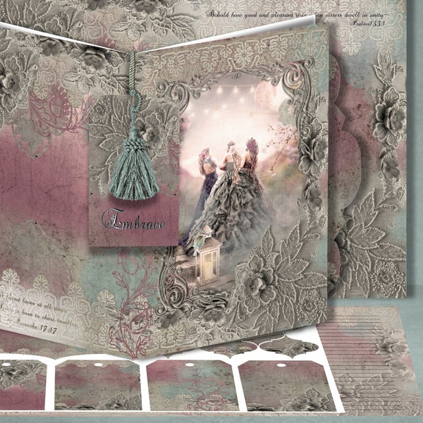 Druckbares Junk Journal Kit des besten Freundes, Porträt Freundschaft Blumen Vogel Spitze Ethereal Art, Digitale Decoupage, Verschrottung, Karton, Papier