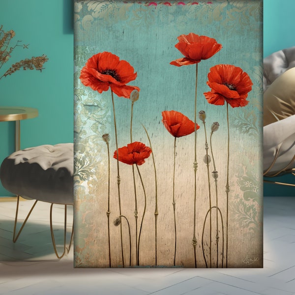 Poppy Row, Printable Digital Mixed Media Floral and demask, textured, vibrant, turquoise & Beige DIY Large Wall Art or Furniture Decoupage