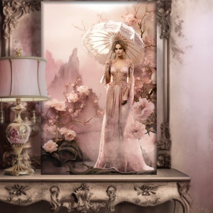 Rosa Champagner Blüten, elegante Dame stehend mit einem Sonnenschirm, Chinoiserien, großes druckbares Porträt Wandkunst, DIY Möbel Decoupage