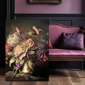 Hummingbird Bouquet Still Life Print: Moody Floral Art (Digital Download)