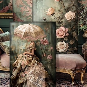 以下が含まれることがあります： 花柄のドレスを着た女性が日傘を持っている、ヴィンテージ風のイラスト。背景には花柄の模様と緑と茶色のカラーパレットが使用されています。