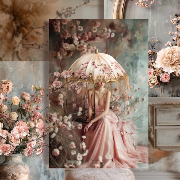 Fleur de la femme, Shabby Chic, Romantic Floral & Beautiful Woman Sitting, Gallery Set, Large Wall Art, or Matching DIY Furniture Decoupage