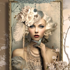 Può includere: Una donna con i capelli biondi indossa un abito di ispirazione vintage con una corona di fiori, una collana di perle e un colibrì posato sul suo dito. L'immagine è incorniciata in una cornice dorata.