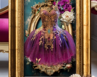Fuchsia, purple & Teal, Ballerina Tutu, Floating Dream Dress, Hummingbirds, Butterflies and Floral, Wall Art, Furniture Decoupage, Printable