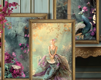 A lady & a Peacock, Ethereal Floral Garden Archway landscape, Printable Triptych, Large Portrait Wall Art Set, Matching Furniture Decoupage