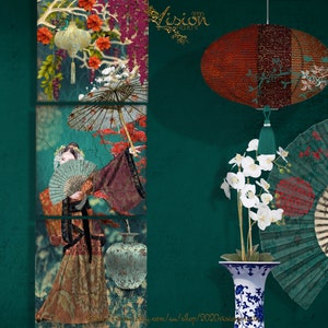 Oriental Geisha Triptych Printable Colourful Mixed Media Wall Art