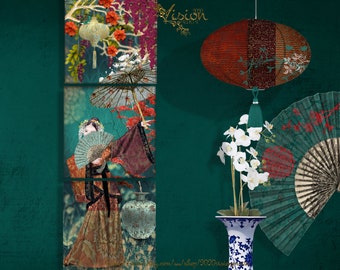 Oriental Geisha Triptych Printable Colourful Mixed Media Wall Art