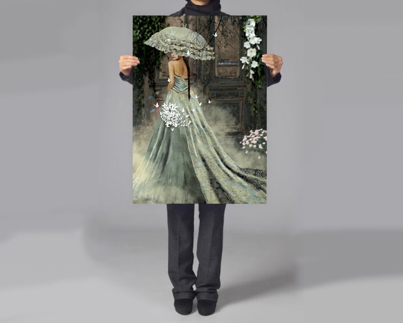 Elegant Lady Printable Portrait Art, Floral & Butterflies surrealism, A1 Poster DIY Furniture Decoupage, Turquoise Green Feminine Fine Art image 3