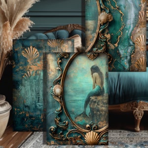 Trittico Sirena Fantasy Ritratto Arte Astratto Oceano Grande Formato Stampe d'Arte da Parete Download Digitale Tecnica Mista Nautico Abbinamento Decoupage