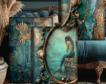 Triptych Mermaid Fantasy Portrait Art Abstract Ocean Large Format Wall Art Prints Digital Download Mixed Media Nautical Matching Decoupage