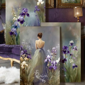 May include: A collection of canvas art prints featuring a woman in a flowing gown amidst iris flowers. The paintings showcase a soft color palette of purples, whites, and greens, with a dreamy, impressionistic style. The "Vision Prints" logo is visible.
