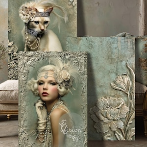 May include: A collection of vintage-style art prints featuring a cat in a flapper-style headdress, a woman in a flapper dress, and a textured panel with a floral relief. The prints have a muted color palette with pearl necklaces.