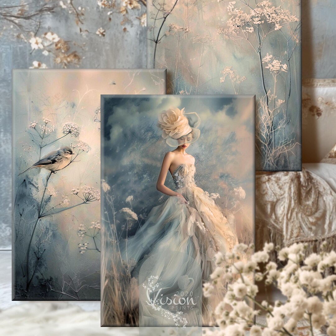 Elegant Woman Portrait Art Print Set: Silver Blue Floral Decoupage ...