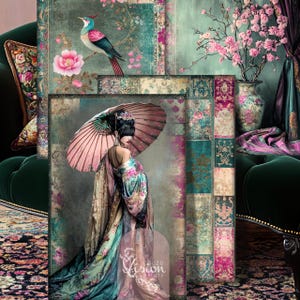 May include: A woman in a traditional Japanese kimono holds a pink and white umbrella. She is standing in front of a colorful patchwork background with a bird and flowers. The text "2020 Vision" is visible in the bottom right corner.