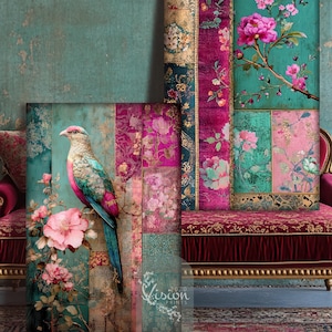 Puede incluir: Una obra de arte vibrante que presenta un pájaro colorido posado en una rama con flores rosas. La obra es un collage de paneles turquesa, rosa y dorados con patrones florales. El tema general es vintage y decorativo.