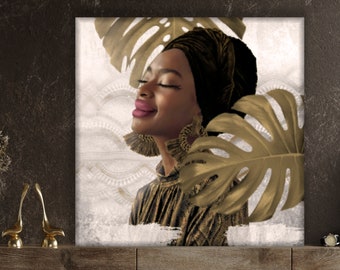 Brown Woman Art Print, Printable African Art, Large Brown White and Gold Portrait Art, Digital Mixed Media Fine Art, Portrait and Palm Leaf