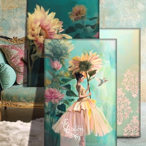 Peut inclure: Une femme en robe rose et jaune tient un grand tournesol dans un champ de fleurs. Un colibri vole près d'elle. L'arrière-plan est bleu sarcelle avec un effet aquarelle. Le texte "2020 Vision Prints" est en bas de l'image.