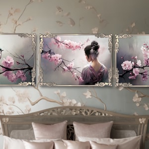 Set of three Oriental Geisha Portrait Bird & Pink Cherry Blossom Floral Branch Printable Wall Art, Furniture Decoupage, or DIY Fabric Print
