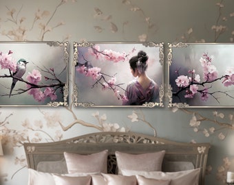 Set of three Oriental Geisha Portrait Bird & Pink Cherry Blossom Floral Branch Printable Wall Art, Furniture Decoupage, or DIY Fabric Print