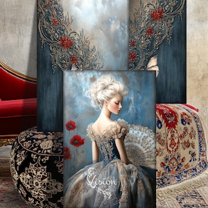 Balletto barocco, elegante ritratto rococò, farfalle e papaveri, trittico da parete stampabile, download di decoupage romantici fantasy abbinati