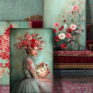 May include: A woman wearing a teal dress with a floral crown and holding a clock with a butterfly on it. The background is a teal and green textured wall.
