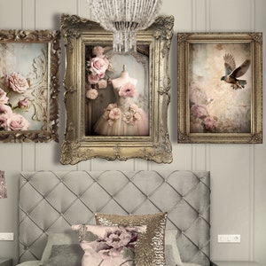 May include: Three ornate gold picture frames with floral and bird imagery. The frames are hanging on a white wall above a gray tufted headboard.