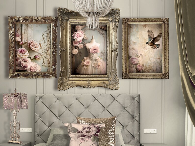 May include: Three ornate gold picture frames with floral and bird imagery. The frames are hanging on a white wall above a gray tufted headboard.