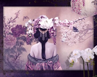 Chinoiserie, Geisha Portrait Back Kanzashi, Floral Blossom Butterfly adornment, Printable Fine Art, Wall Décor,  Furniture Decoupage DIY,