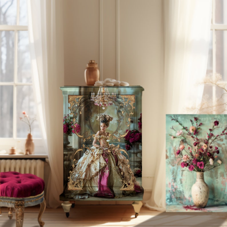 Opulent Elegance Mixed Heritage Marie Antoinette Brown Beauty Portrait Art Rococo Large Printable Wall Art, French Chic Furniture Decoupage, Digital Mixed Media Art Download.