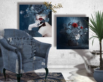 Set 20inch square Fine Art Composite and still life Photography Wall Art  Floral Girl Couture Textured Denim Blue Effect File Only Printable